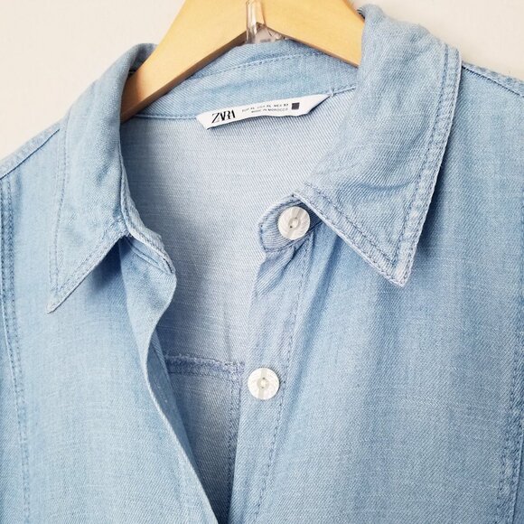 Zara Linen Blend Button Down Blue Chambray Midi Shirt Dress XL Soft Light Denim - Picture 4 of 16